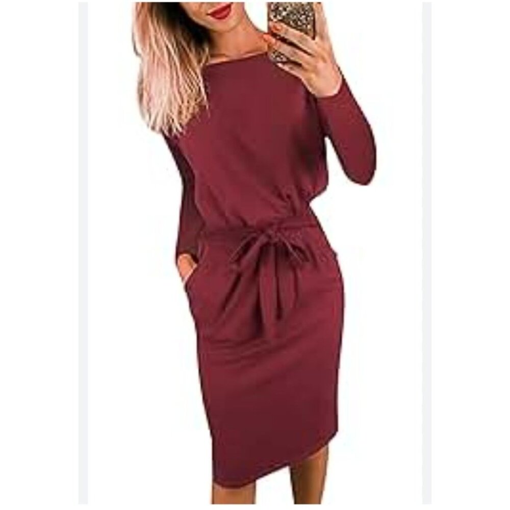 Pretty Garden Womens Small  Burgundy Dress Belt 3/4 Sleeve Pockets Casual Career